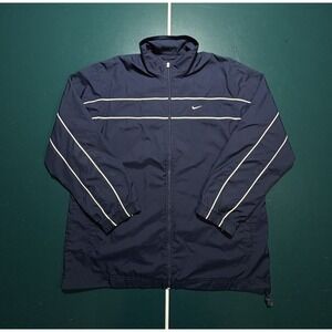 Vintage Y2K Nike Striped Windbreaker Track Jacket Men's XL Navy Blue 2000s